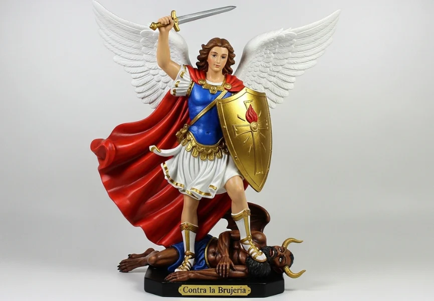 Oración a San Miguel Arcángel contra la brujería 2 Oración a San Miguel Arcángel contra la brujería: Estatua de San Miguel con espada en alto y escudo dorado, pisando un demonio, con capa roja ondeando y expresión firme.