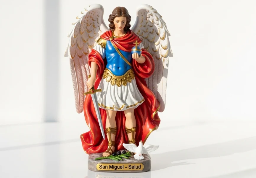 Oración a San Miguel Arcángel para la salud 1 Oración a San Miguel Arcángel para la salud: Estatua de San Miguel con túnica azul y capa roja, sostiene espada y cáliz medicinal; paloma y rama de olivo a sus pies, símbolo de protección y bienestar físico.