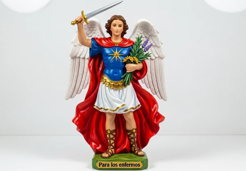 Oración a San Miguel Arcángel para los enfermos 3 Oración a San Miguel Arcángel para los enfermos: Imagen de San Miguel con túnica azul, capa roja y espada alzada, sosteniendo flores medicinales, de pie sobre base con la leyenda “Para los enfermos”.