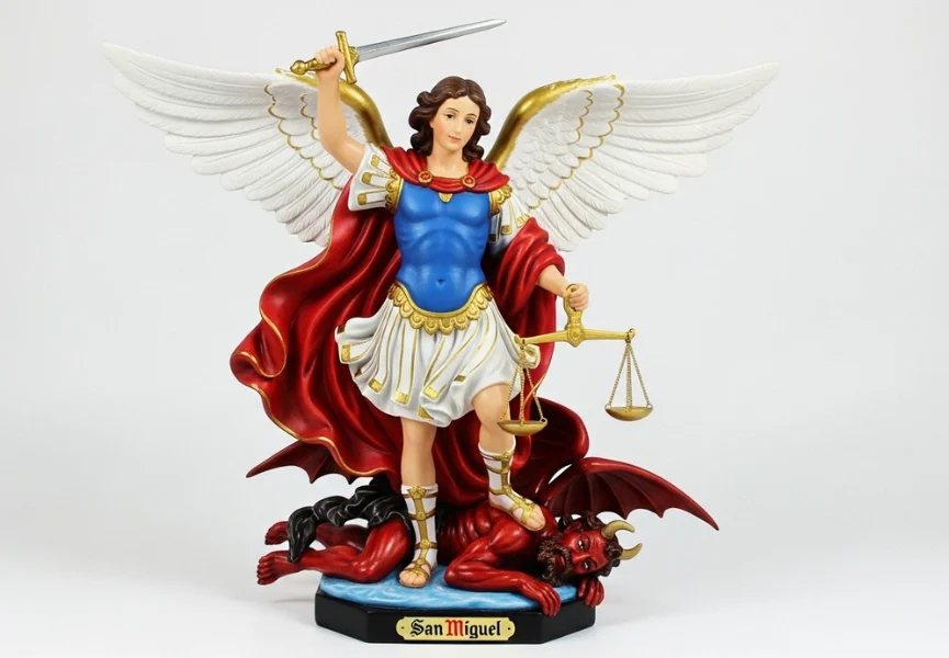 San Miguel Arcángel 1 San Miguel Arcángel: Figura victoriosa del arcángel con coraza azul, capa carmesí y espada levantada; pisa al demonio y exhibe balanza dorada, encarnando valor, equilibrio y triunfo del bien sobre el mal.
