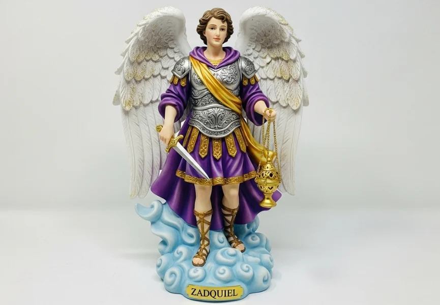 Zadquiel 1 Zadquiel: Estatua del arcángel Zadquiel con túnica púrpura, armadura plateada, espada y sahumador dorado, de pie sobre nubes celestes y alas blancas abiertas.