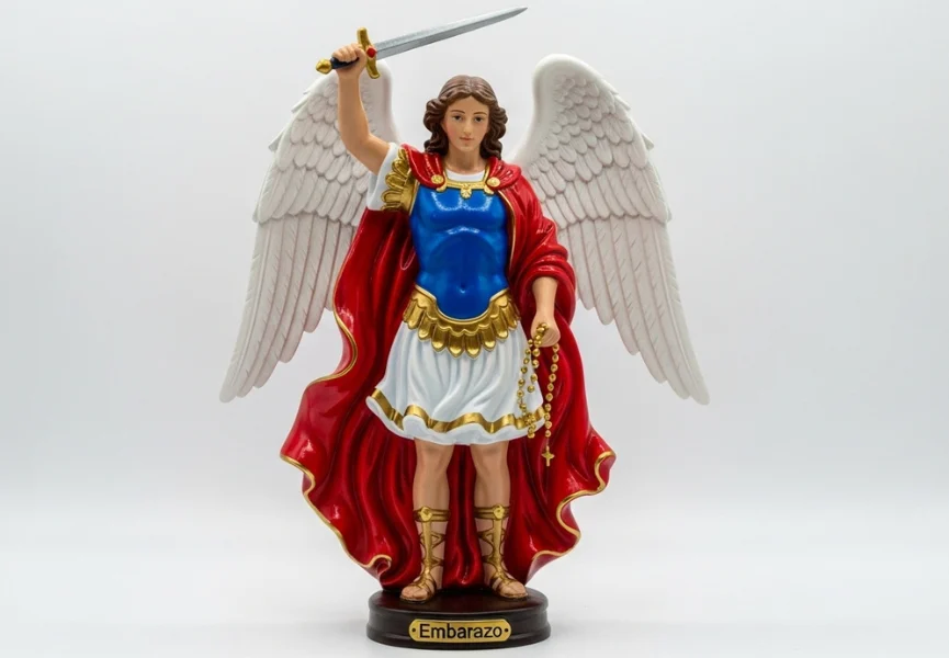 Oración a San Miguel Arcángel para quedar embarazada 3 Oracion a san miguel arcangel para quedar embarazada: Estatua de San Miguel con armadura azul, capa roja, espada alzada y rosario en la mano, sobre base con la palabra “Embarazo”.
