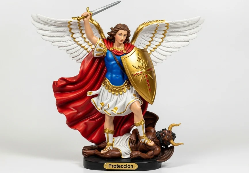 Oración a San Miguel Arcángel para protección contra todo mal 2 Oración a San Miguel Arcángel para protección contra todo mal:
Estatua de San Miguel Arcángel con escudo dorado y espada en alto, pisando al demonio, con alas extendidas y túnica azul y blanca.